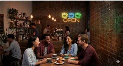 Letrero Neón de OPEN con Tazas de Café, Luz neón LED, Multicolor, Decoración de Pared con base metacrilato transparente, cadena, cable de 1.5 m y alimentación 12 v medidas 60x40 cm