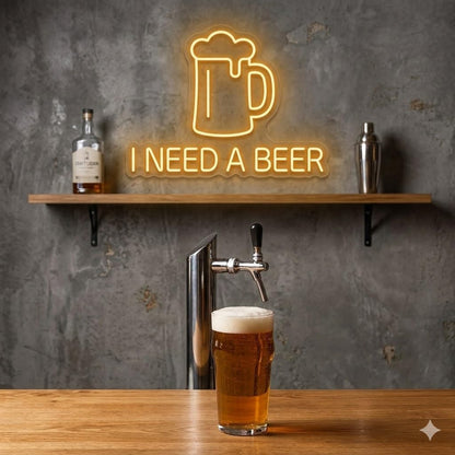 Letrero Neón de Jarra de Cerveza con frase "I NEED A BEER", Luz neón LED, Amarillo, Decoración de Pared con base metacrilato transparente, cadena, cable de 1.5 m y alimentación 12 v medidas 45x55 cm