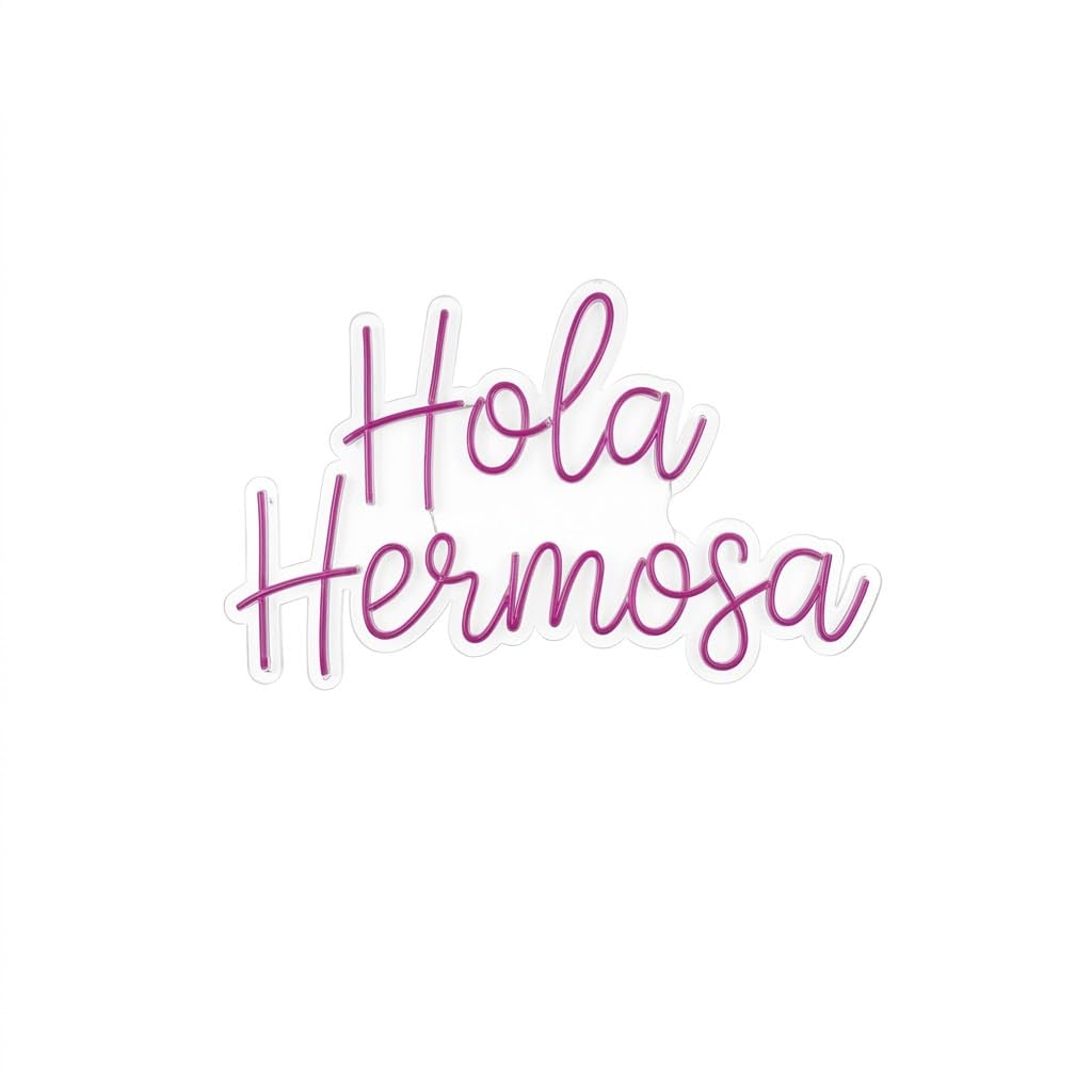 Letrero Neón de Hola Hermosa, Luz neón LED, Rosa, Decoración de Pared con base metacrilato transparente, cadena, cable de 1.5 m y alimentación 12 v medidas 65x40 cm