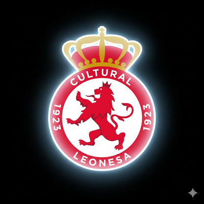 Cultural Leonesa regalo futbol, neón led vinilo con metacrilato Deportivo con Corona y León Rojo, escudo Iluminado medidas 40x30cm