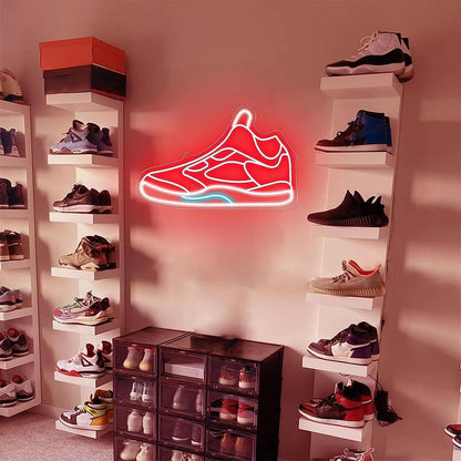 Letrero de Neón LED Decorativo, Diseño de Zapatilla Deportiva, Iluminación Roja y Azul para Tienda