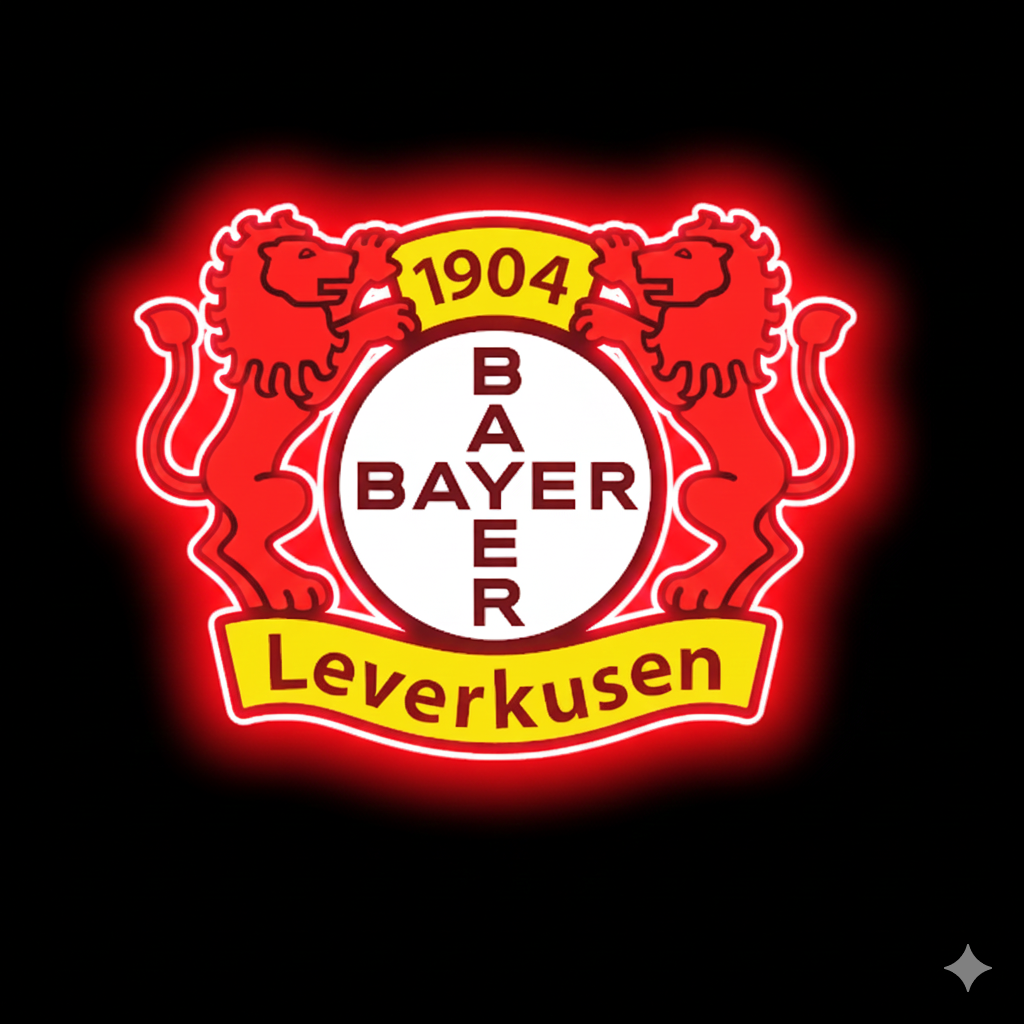 Escudo de futbol Club BAYER LEVERKUSEN, Diseño con medidas metacrilato 40x35cm aproximadamente dependiendo el diseño del escudo con neon led,metacrilato y vinilo color.Alimentacion 12v,cable 2m y cadena para colgar en pared incluido.