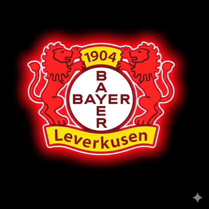 Escudo de futbol Club BAYER LEVERKUSEN, Diseño con medidas metacrilato 40x35cm aproximadamente dependiendo el diseño del escudo con neon led,metacrilato y vinilo color.Alimentacion 12v,cable 2m y cadena para colgar en pared incluido.