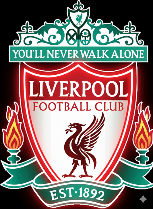 Escudo de futbol liga 2º division del Club LIVERPOLL, Diseño con medidas metacrilato 40x35cm aproximadamente dependiendo el diseño del escudo con neon led,metacrilato y vinilo color.Alimentacion 12v,cable 2m y cadena para colgar en pared incluido.