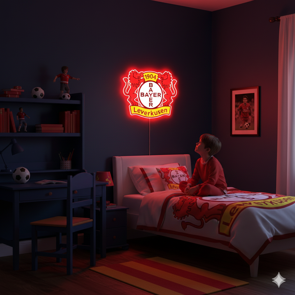Escudo de futbol Club BAYER LEVERKUSEN, Diseño con medidas metacrilato 40x35cm aproximadamente dependiendo el diseño del escudo con neon led,metacrilato y vinilo color.Alimentacion 12v,cable 2m y cadena para colgar en pared incluido.
