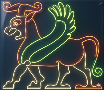 Obras de arte en neon metacrilato y neón led Grifo del palacio de Darío I en Susa con medidas aproximadamente 60x60cm alimentación 12v