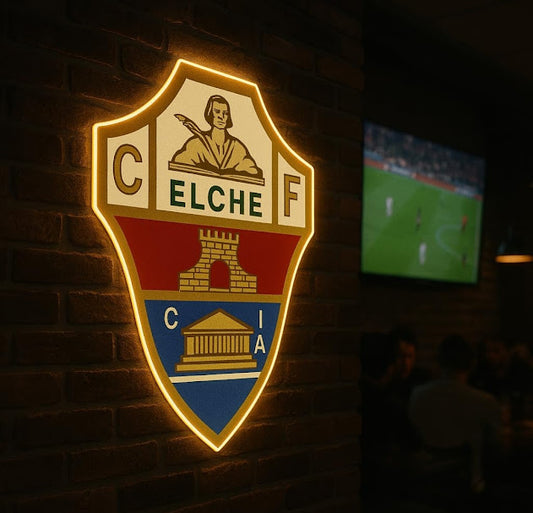 Escudo de futbol liga 1º division del Club ELCHE, Diseño con medidas metacrilato 40x35cm aproximadamente dependiendo el diseño del escudo con neon led,metacrilato y vinilo color.Alimentacion 12v,cable 2m y cadena para colgar en pared incluido.
