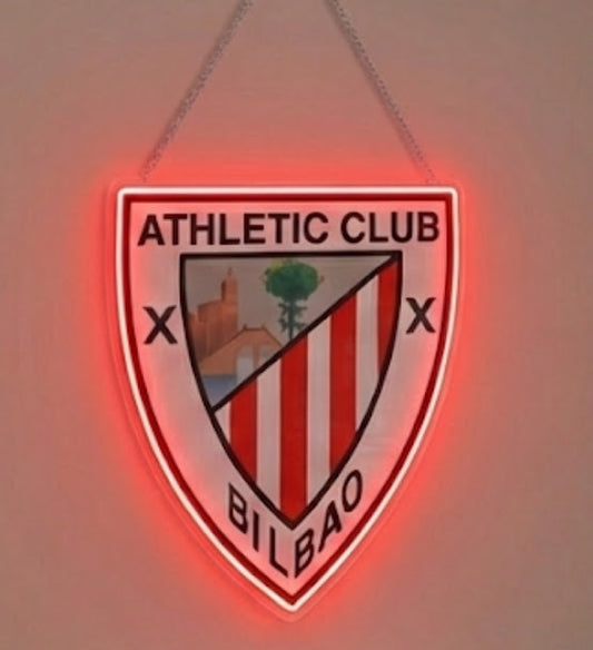 Escudo de futbol liga 1º division del Club BILBAO, Diseño con medidas metacrilato 40x35cm aproximadamente dependiendo el diseño del escudo con neon led,metacrilato y vinilo color.Alimentacion 12v,cable 2m y cadena para colgar en pared incluido.