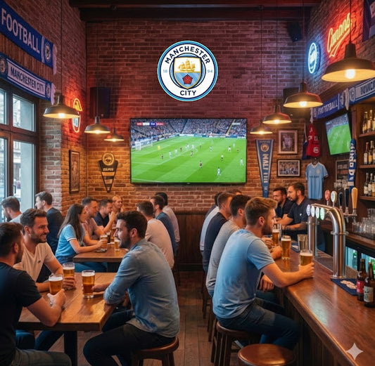 Escudo de futbol Manchester City;Club, Diseño con medidas metacrilato 40x35cm aproximadamente dependiendo el diseño del escudo con neon led,metacrilato y vinilo color.Alimentacion 12v,cable 2m y cadena para colgar en pared incluido.