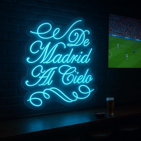 Letrero de Neón LED Decorativo, Luz Azul, Estilo Cursivo, Montaje en Pared Madrid,regalo futbol, metacrilato, medidas 60x60 cm