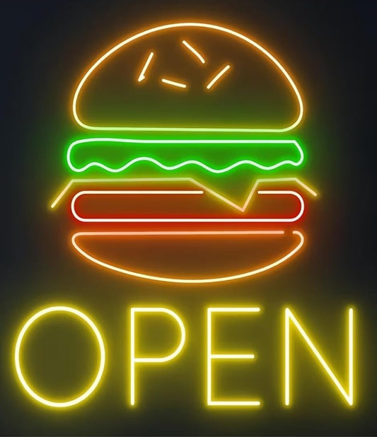 Lámpara de señalización Letrero De Neón De Hamburguesa Abierta, Decoración De Pared Para Restaurante, Tienda De Comida Rápida 50X53cm CO ALIMENTADOR 12V