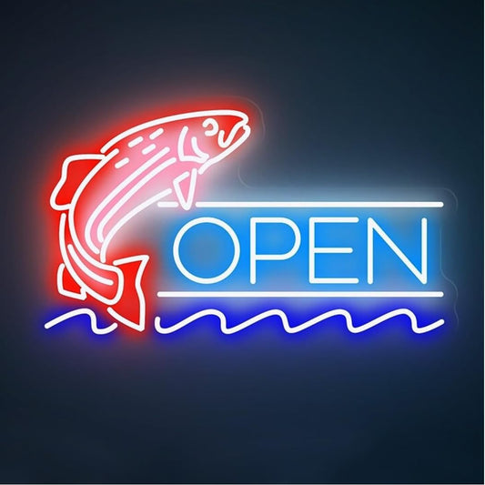 Letrero LED de Neón OPEN PESCADO,RESTAURANTE, Luz Roja y Azul, Señalización Luminosa para Negocio 60l. x 40an. centímetros, alimentador 12V