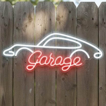 Letrero Neón led metacrilato transparente Garage con Silueta de Auto, Rojo y Blanco, medidas aproximadamente 60cm, alimentación 12v