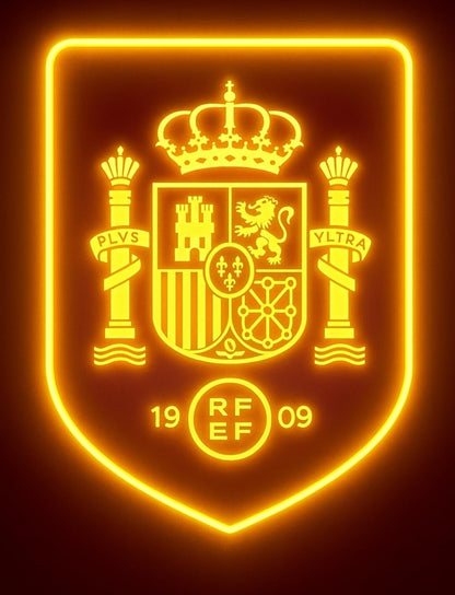 Lámpara escudo LED neon con vinilo y metacrilato transparente de Pared con Escudo de Regalos España y selección de fútbol Luz Amarilla Neón, Diseño Deportivo Español, 1909 selección española