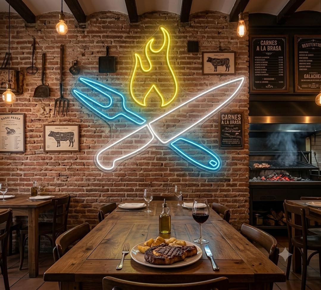 Letrero Neón led metacrilato transparente chchillo tenedor llama cocina al fuego a la brasa baebacoamedidas 50 cm aproximadamente 12v