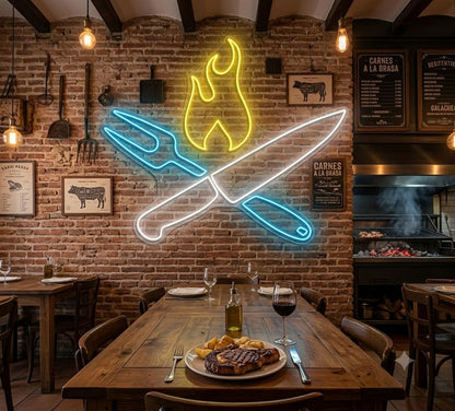 Letrero Neón led metacrilato transparente chchillo tenedor llama cocina al fuego a la brasa baebacoamedidas 50 cm aproximadamente 12v