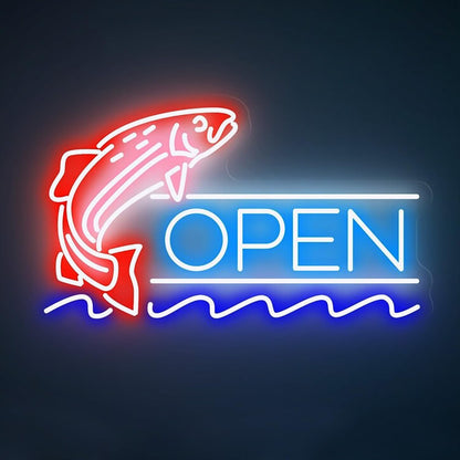 Letrero LED de Neón OPEN PESCADO,RESTAURANTE, Luz Roja y Azul, Señalización Luminosa para Negocio 60l. x 40an. centímetros, alimentador 12V