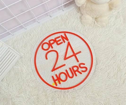 Letrero LED Neón 'Open 24 Hours', Luz Roja, Señalización Luminosa para Negocio