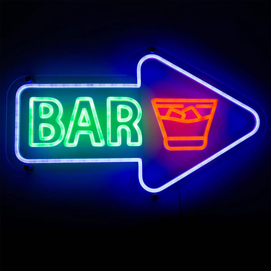 Letrero Neón LED 'BAR' Flecha y Vaso Multicolor | soloNEON