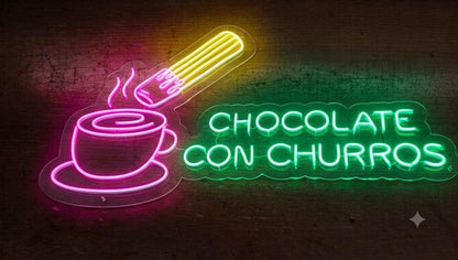 Letrero Neón LED Chocolate con Churros, 75cm x 40cm