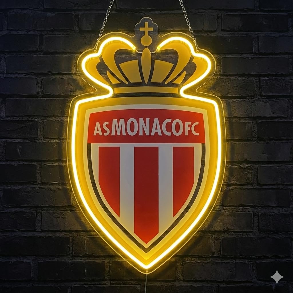 SOLOLED Letrero de Neón LED Escudo futbol Mónaco champions Ligue de Pared, Luz Colgante vinilo, metacrilato neón led 40x30cm aproximadamente 12 v