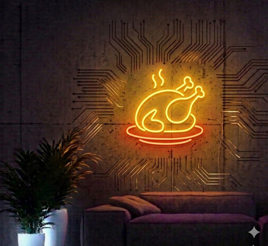 Letrero Neón de Pollo Asado, Luz neón LED, Colores, Decoración de Pared con base metacrilato transparente,cadena,cable de 1.5 m y alimentación 12 v medidas 40x35 cm