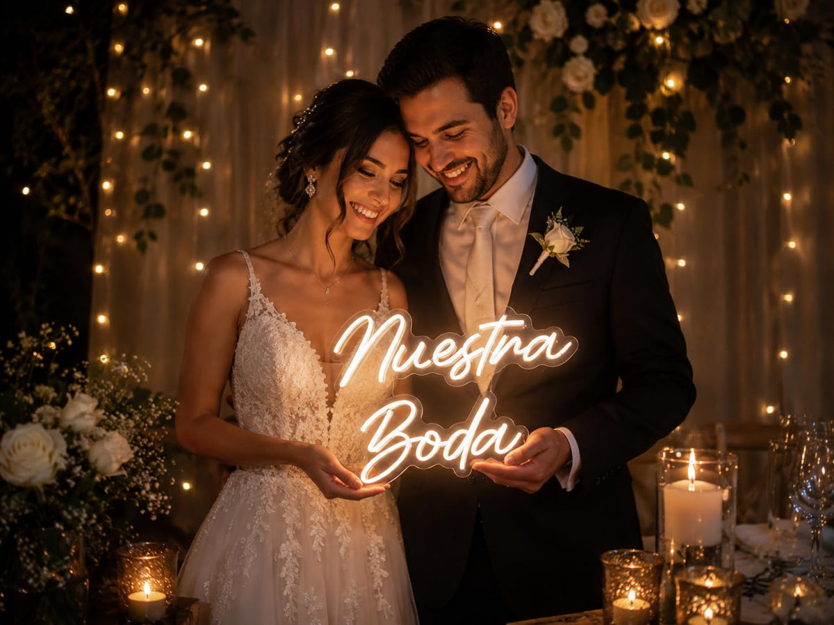 Letrero LED Neón Blanco 'Nuestra Boda' para Decoración de Bodas, Iluminación Decorativa 60cm aproximadamente