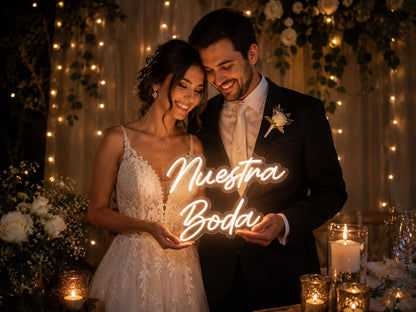 Letrero LED Neón Blanco 'Nuestra Boda' para Decoración de Bodas, Iluminación Decorativa 60cm aproximadamente