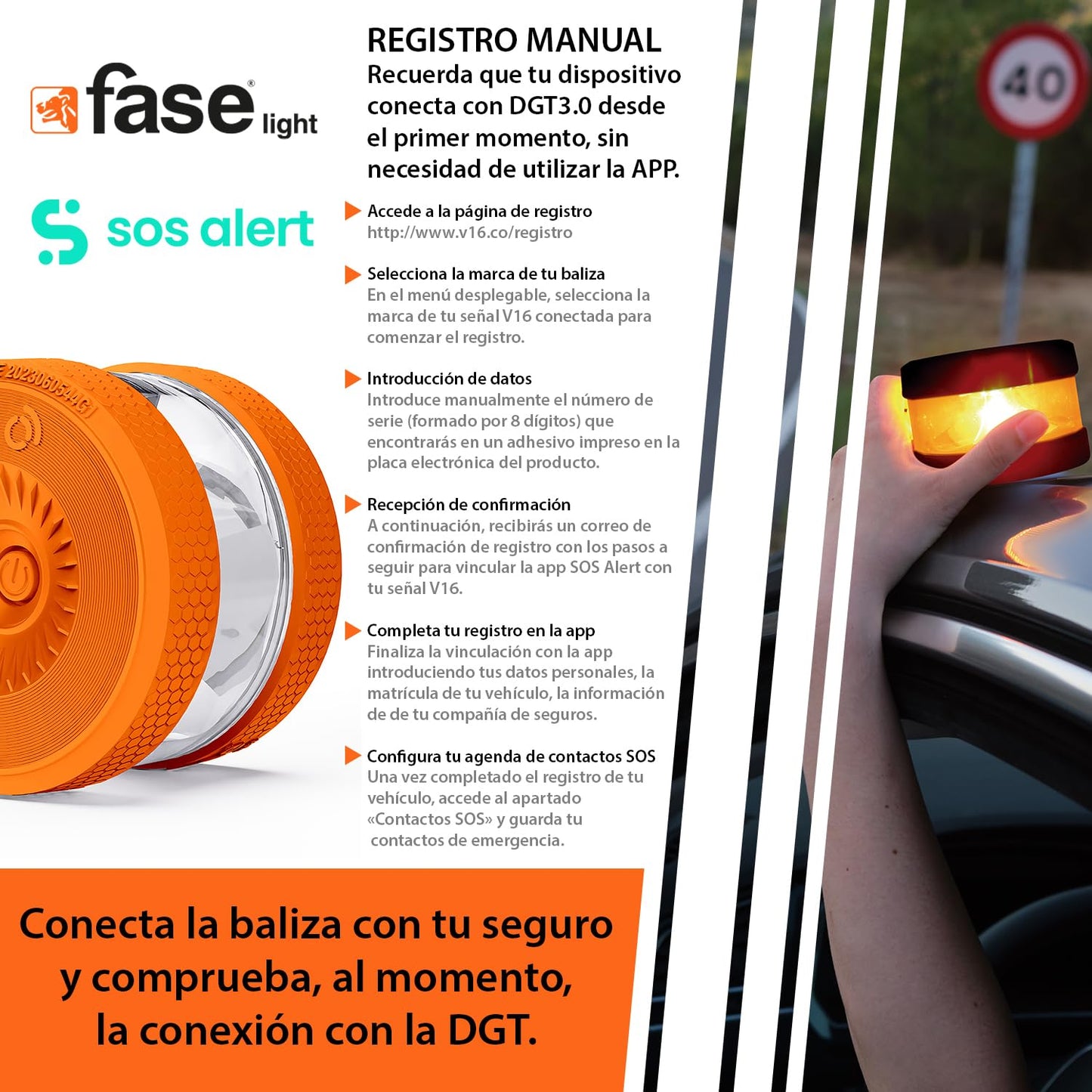 FASE Luz Emergencia Coche Homologado DGT - baliza v16 homologada DGT con geolocalizador - Proporciona Geolocalización Exacta a la DGT - FASELIGHT IoT