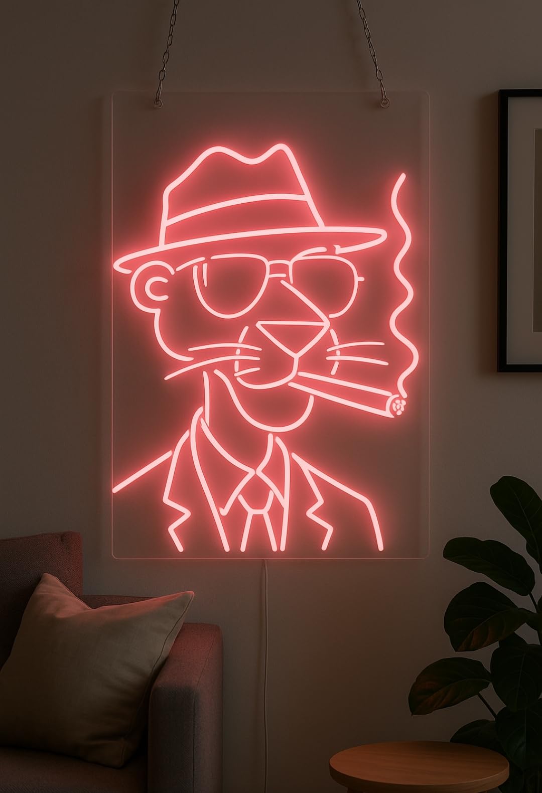 Lámpara de Neón LED Decorativa, Diseño de Personaje pantera rosa con Sombrero, Luz Roja, Montaje en Pared