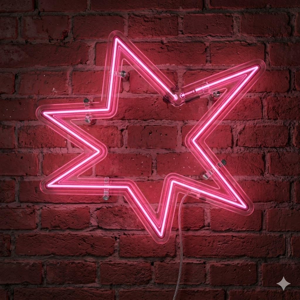 Letrero Neón de Estrella, Luz neón LED, Color Rosa, Decoración de Pared con base metacrilato transparente, cadena, cable de 1.5 m y alimentación 12 v medidas 45x45 cm