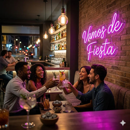 Letrero Neón de Vamos de Fiesta, Luz neón LED, Rosa, Decoración de Pared con base metacrilato transparente, cadena, cable de 1.5 m y alimentación 12 v medidas 60x45 cm