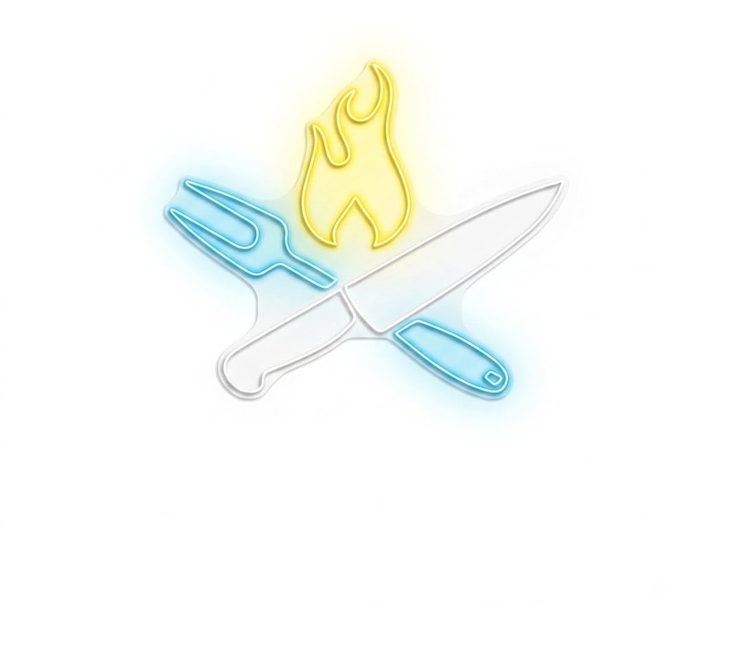 Letrero Neón led metacrilato transparente chchillo tenedor llama cocina al fuego a la brasa baebacoamedidas 50 cm aproximadamente 12v