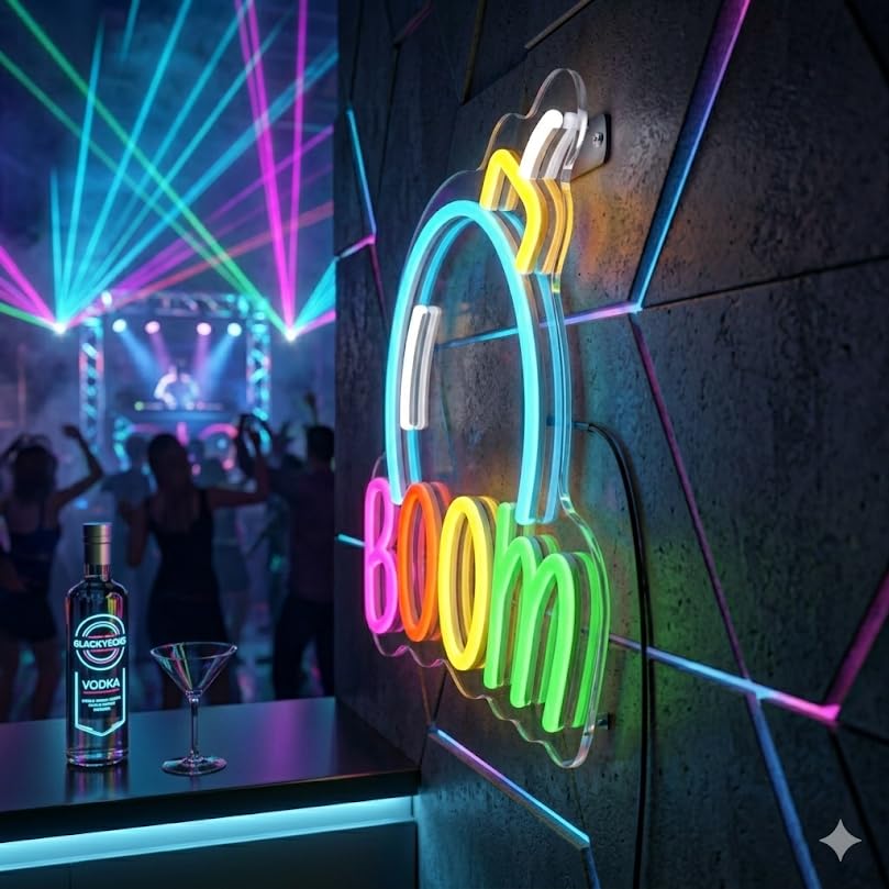 Letrero Neón de Texto con bomba y "BOOM", Luz neón LED, Multicolor, Decoración de Pared con base metacrilato transparente,cadena,cable de 1.5 m y alimentación 12 v medidas 50x55 cm