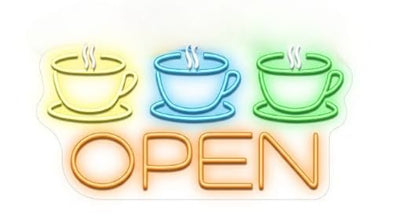 Letrero Neón de OPEN con Tazas de Café, Luz neón LED, Multicolor, Decoración de Pared con base metacrilato transparente, cadena, cable de 1.5 m y alimentación 12 v medidas 60x40 cm