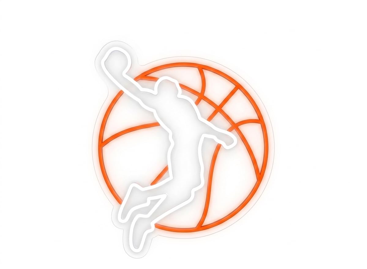 Letrero Neón baloncesto Bicolor Decoración de Pared con base metacrilato transparente, cadena, cable de 1.5 m y alimentación 12 v medidas 40 cm aproximadamente