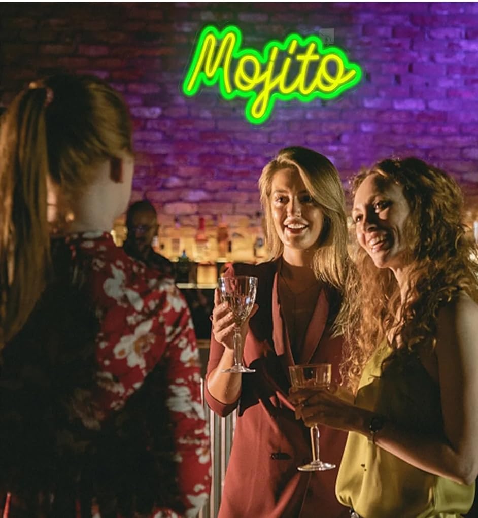 Letrero LED Decorativo Neón, Diseño Mojito Moderno en Verde y Amarillo, Luz de Pared para Decoración, Material Acrílico, Medidas 40x30cm