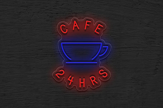 Letrero LED de Neón, Café 24 Horas, Diseño de Taza, Rojo y Azul, Decoración de Pared