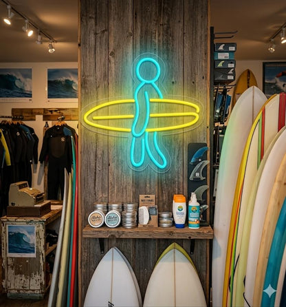 Letrero Neón de Surfista con Tabla, Luz neón LED, Azul Cian y Amarillo, Decoración de Pared con base metacrilato transparente,cadena,cable de 1.5 m y alimentación 12 v medidas 50x45 cm deporte