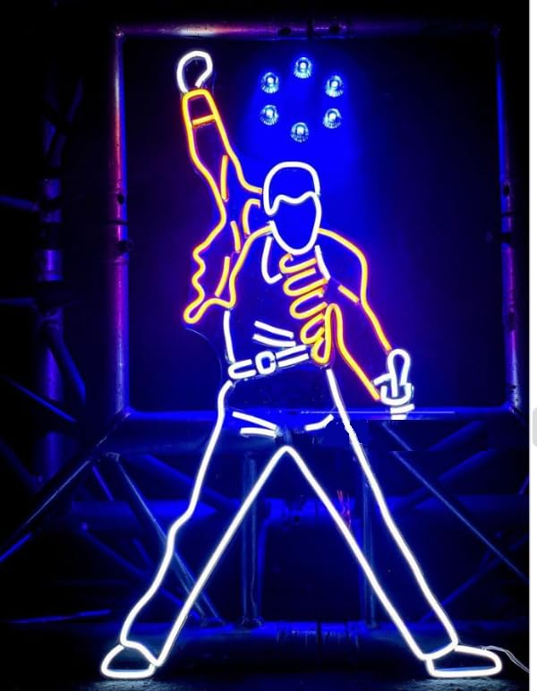 Cartel de Neón Decorativo, Diseño de Cantante Legendario MERCURI, Luz LED Azul y Amarilla 70l. x 45an. centímetros ALIMENTACION 12V
