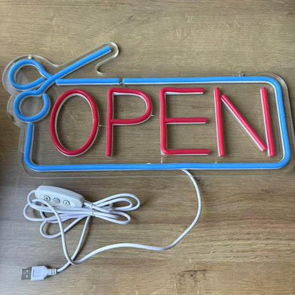 Letrero de neón abierto de barbería, letrero LED USB grabado en 3D