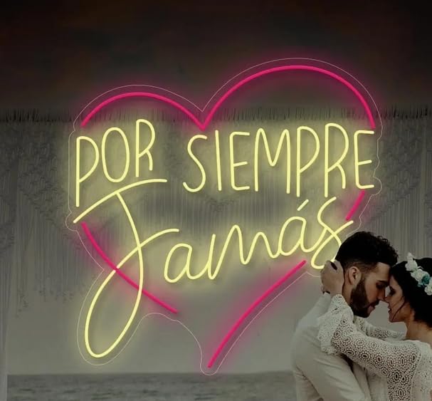 Letrero LED Neón 'Por Siempre Jamás', Luz en Rosa y Amarillo, 60 x 60 cm, Decoración de Pared para Bodas