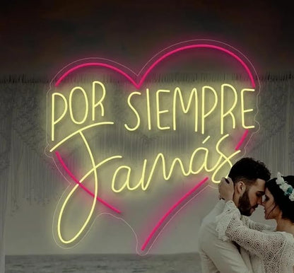 Letrero LED Neón 'Por Siempre Jamás', Luz en Rosa y Amarillo, 60 x 60 cm, Decoración de Pared para Bodas