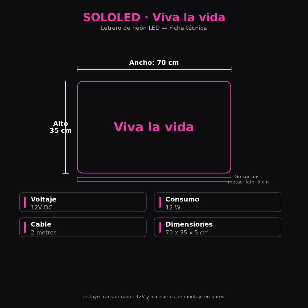 SOLOLED Neon Personalizado viva la vida, Cartel LED Decoración Pared Letrero Neon Luminoso Letras Luce Personalizadas Nombre Carta para Boda Cumpleaños Fiestas Bar Tiendas 70cm aproximadamente 12v