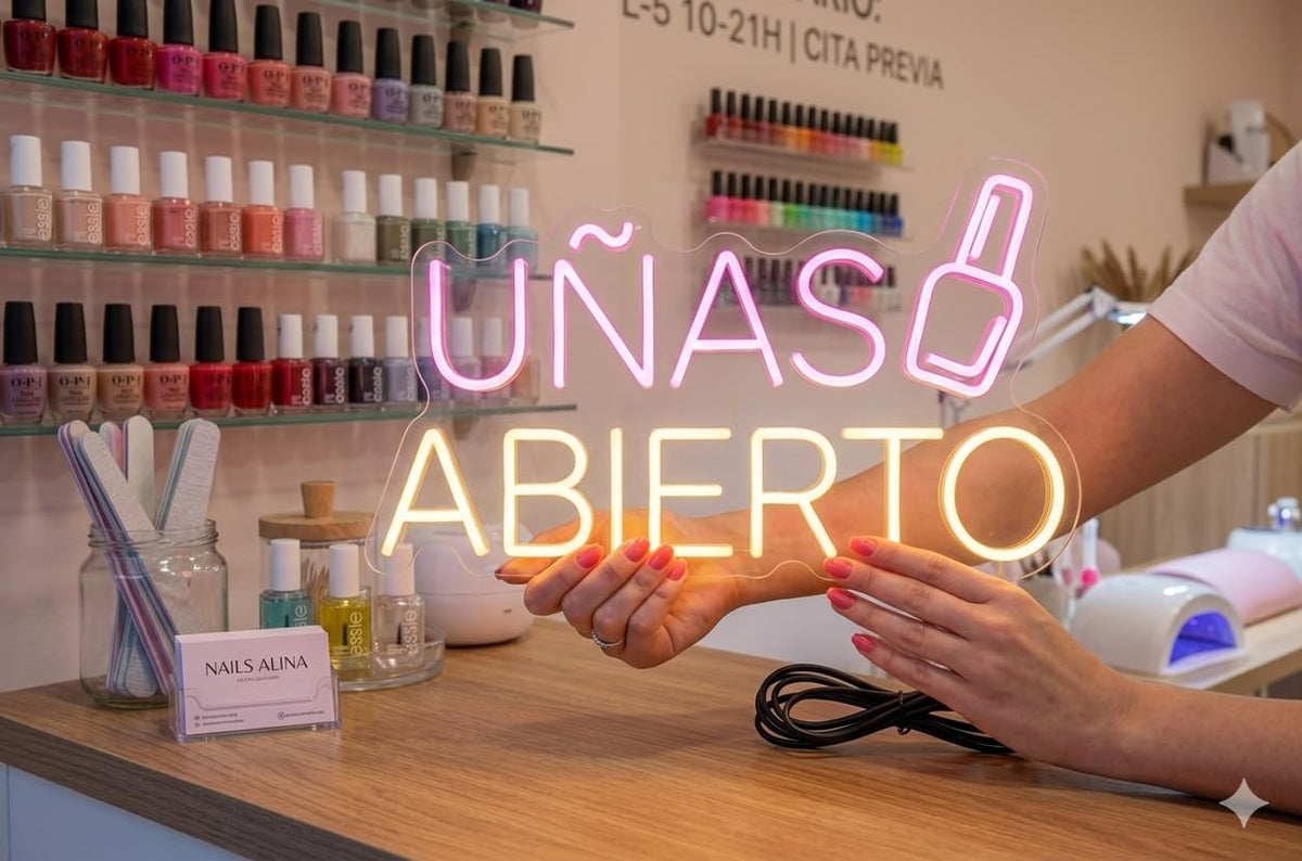soloLED Letrero bajo coste UÑAS abierto Cartel Luminoso LED Escaparate, Decoración de Pared en Metacrilato, Luz Brillante, aproximadamente40 y 50cm alimentación 12v