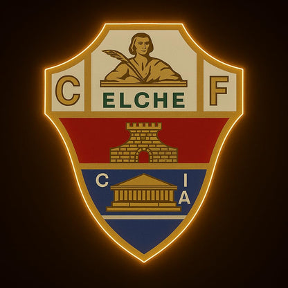 Elche REGALOS Escudo Fútbol, Emblema Deportivo, Diseño Dorado LIGA DE FUTBOL elche liga de futbol medidad 40x30 cm metacrilato neon,vinilo