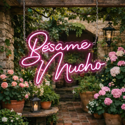 Letrero de Neón LED 'besame mucho, Cartel Luminoso Decorativo con Corazón, Rosa 70 cm aproximadamente ALIMENTADOR 12 V