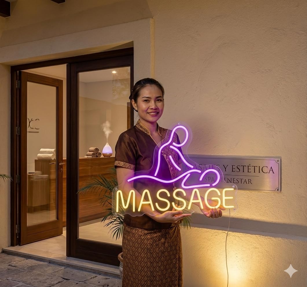 soloLED Letrero masage spa Cartel Luminoso LED Escaparate, Decoración de Pared en Metacrilato, Luz Brillante, aproximadamente 60cm alimentación 12v