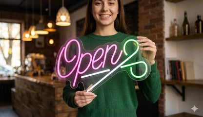 Letrero Neón de Peluquería Open con Tijeras, Luz neón LED, Rosa y Verde, Decoración de Pared con base metacrilato transparente, cadena, cable de 1.5 m y alimentación 12 v medidas 75x40 cm