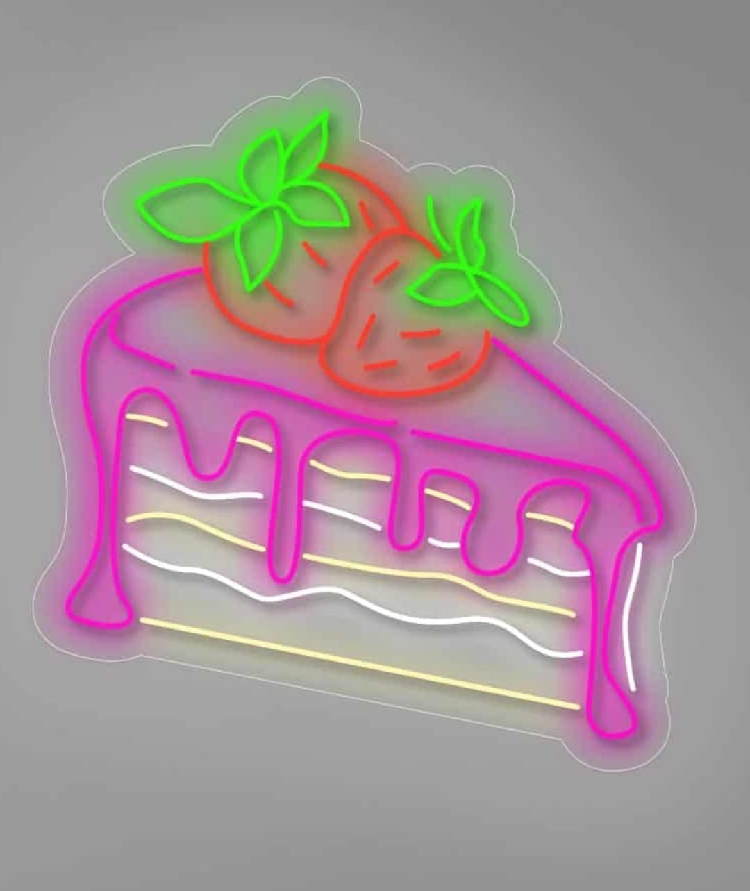 Letrero LED Neón Decorativo de Pastel con Fresas, 55 x 53 cm, Iluminación de Pared para Pastelería, Rosa y Verde
